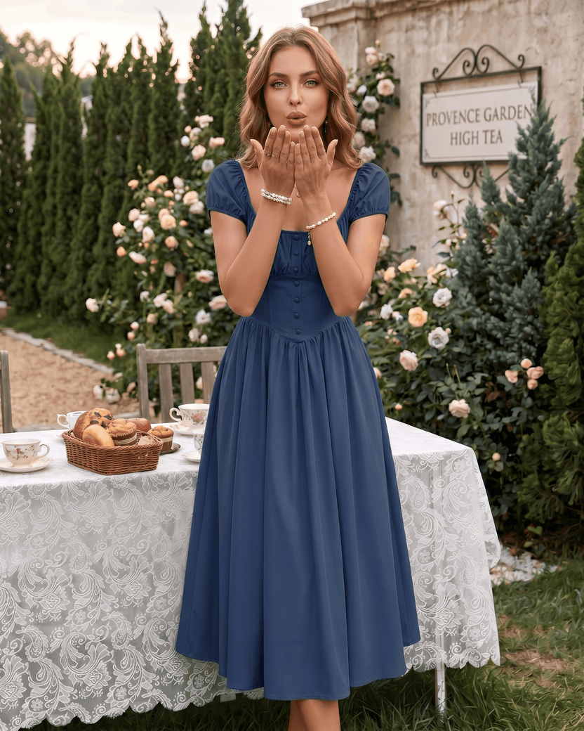 Veloura Midi Dress by Lauven — satin blend short sleeve square neck A-line midi dress