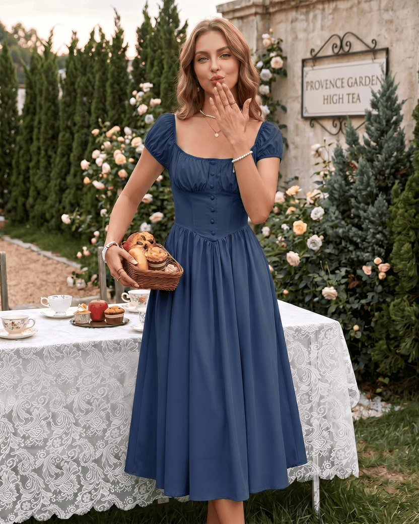 Veloura Midi Dress by Lauven — satin blend short sleeve square neck A-line midi dress