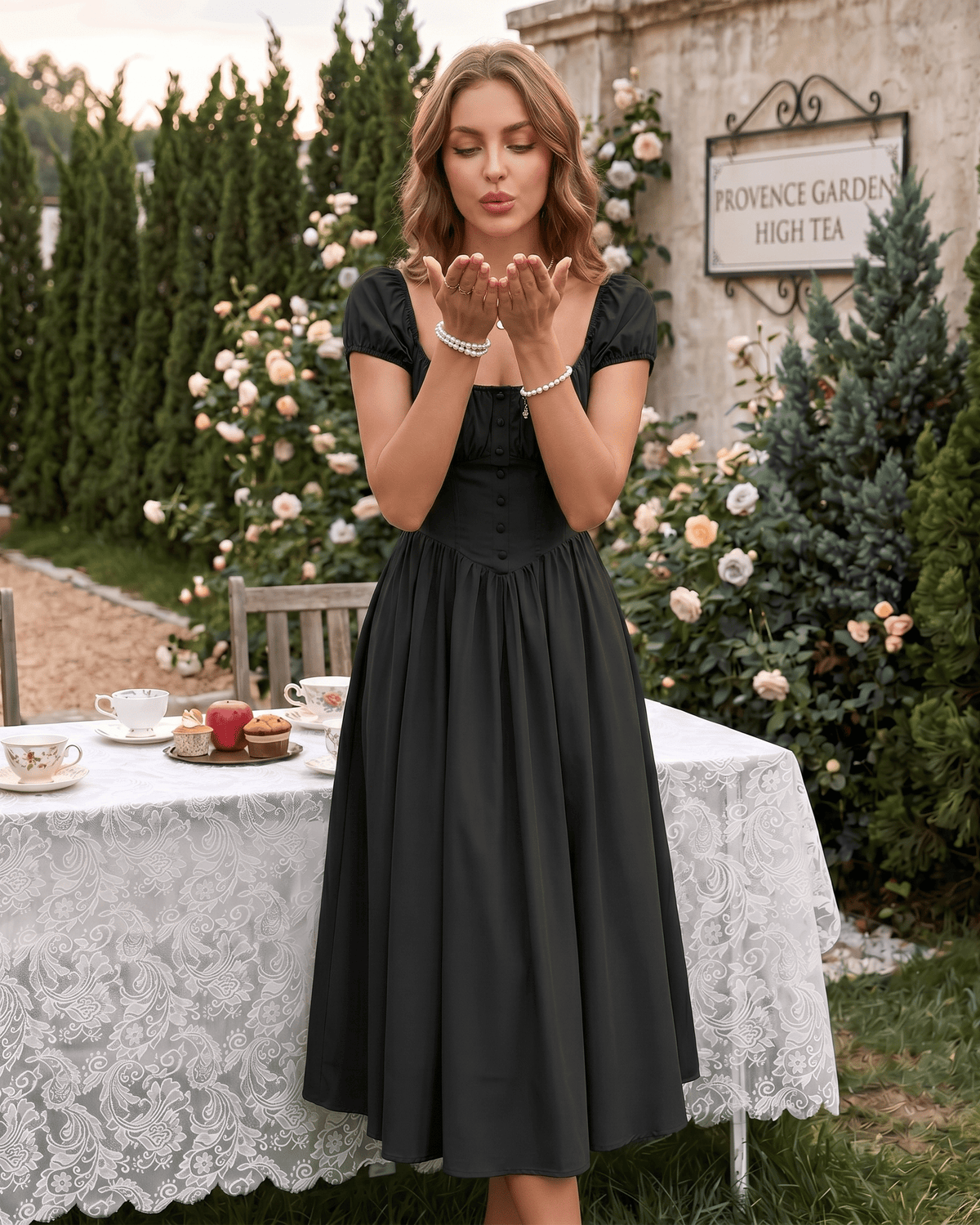 Veloura Midi Dress by Lauven — satin blend short sleeve square neck A-line midi dress