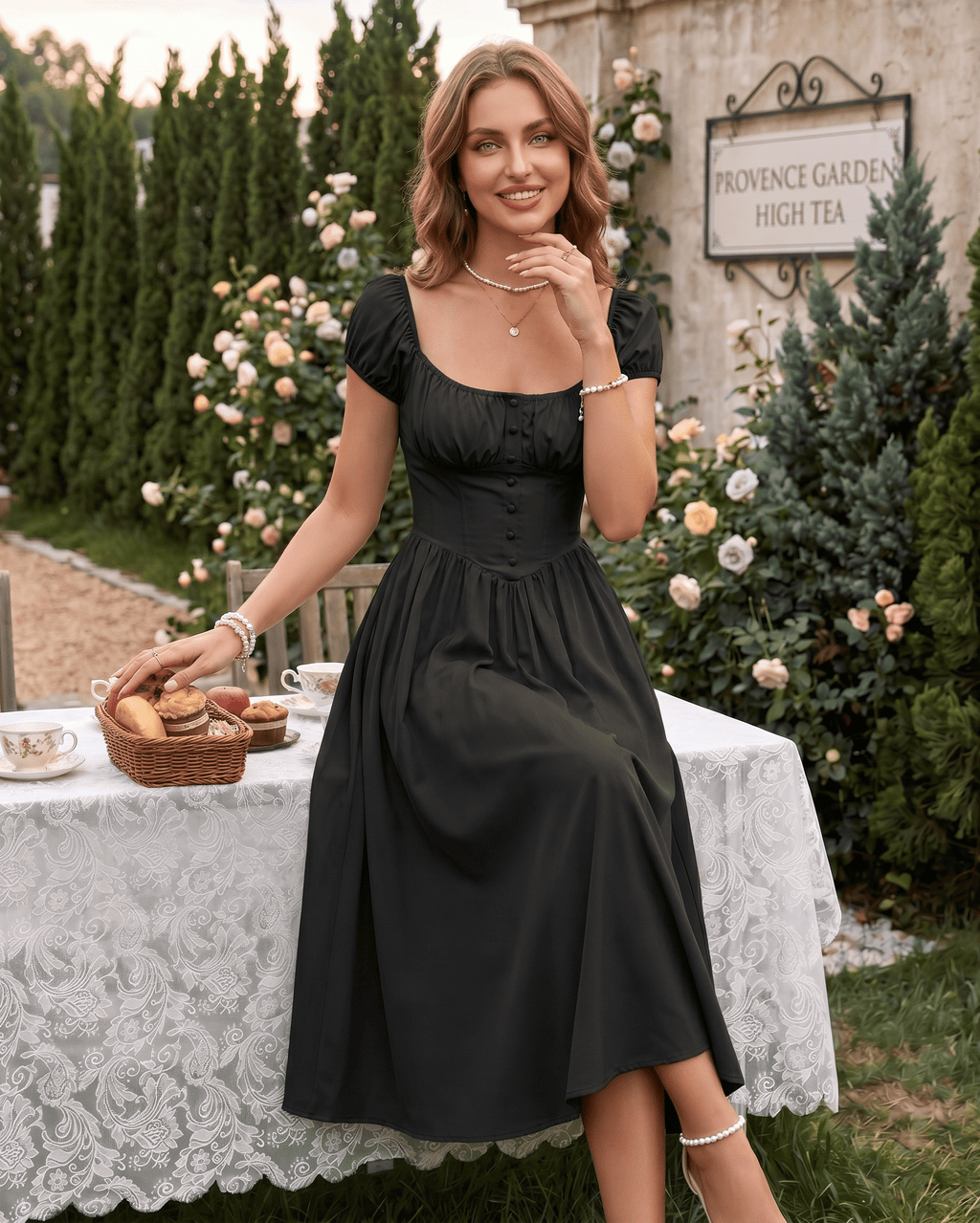 Veloura Midi Dress by Lauven — satin blend short sleeve square neck A-line midi dress