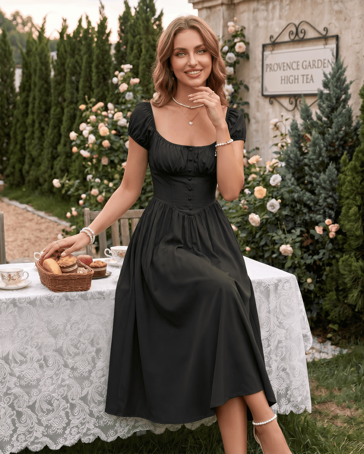 Veloura Midi Dress by Lauven — satin blend short sleeve square neck A-line midi dress