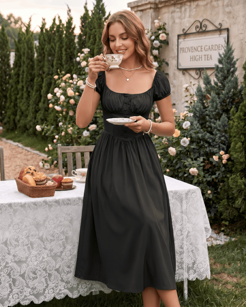 Veloura Midi Dress by Lauven — satin blend short sleeve square neck A-line midi dress