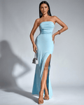 Solenne Maxi Dress by Lauven — blue satin blend sleeveless strapless bodycon maxi dress