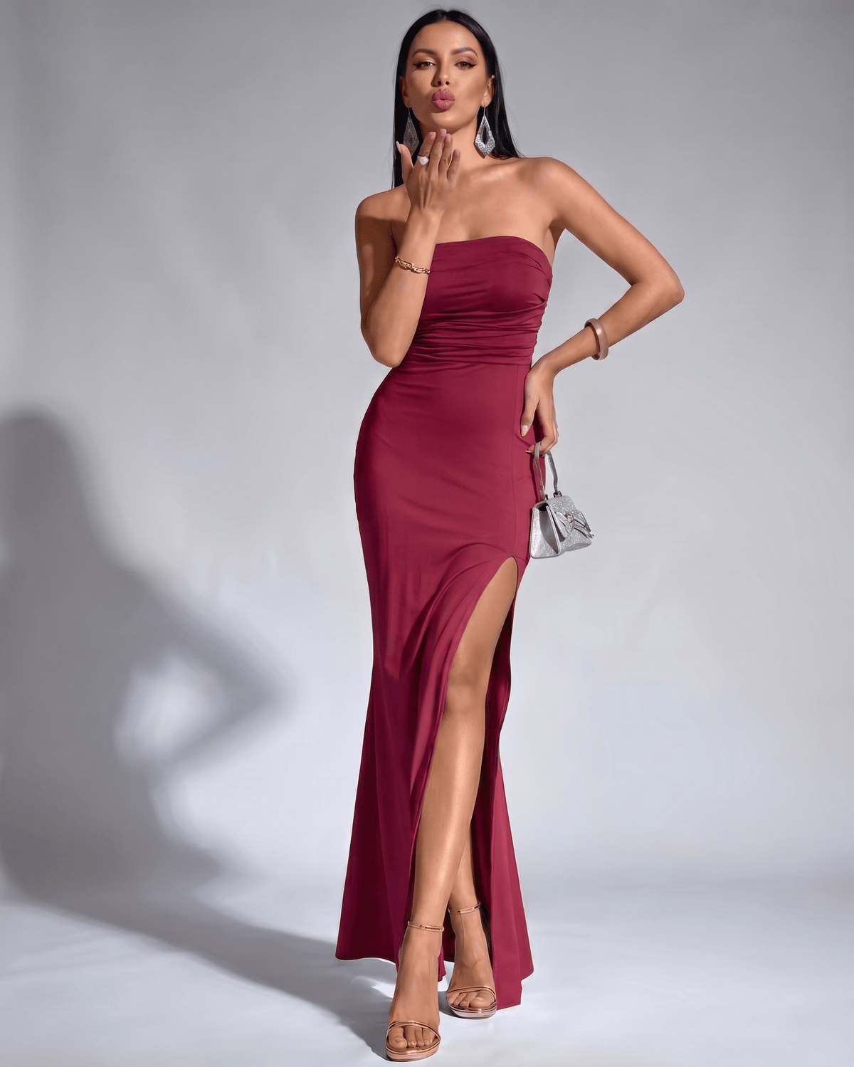 Solenne Maxi Dress by Lauven — satin blend sleeveless strapless bodycon maxi dress