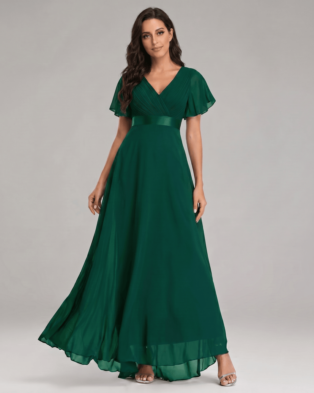 Veloura Maxi Dress by Lauven — green chiffon flutter sleeve V-neck A-line maxi dress