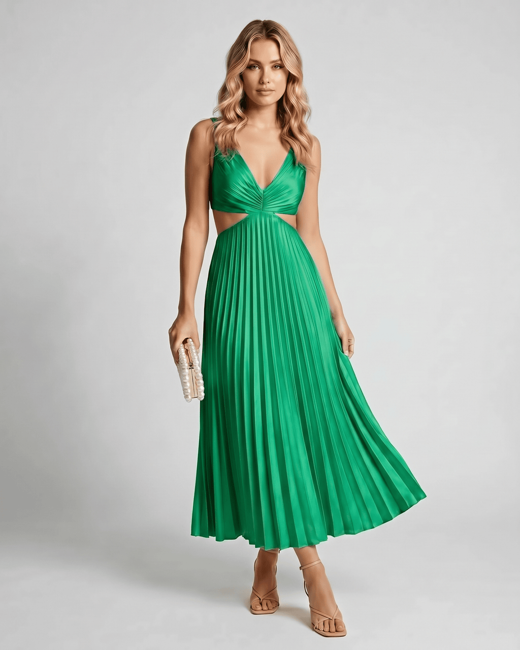 Lunara Midi Dress by Lauven — satin sleeveless V-neck flowing pleated midi dress