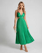 Lunara Midi Dress by Lauven — satin sleeveless V-neck flowing pleated midi dress