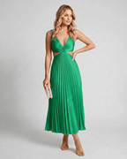 Lunara Midi Dress by Lauven — satin sleeveless V-neck flowing pleated midi dress