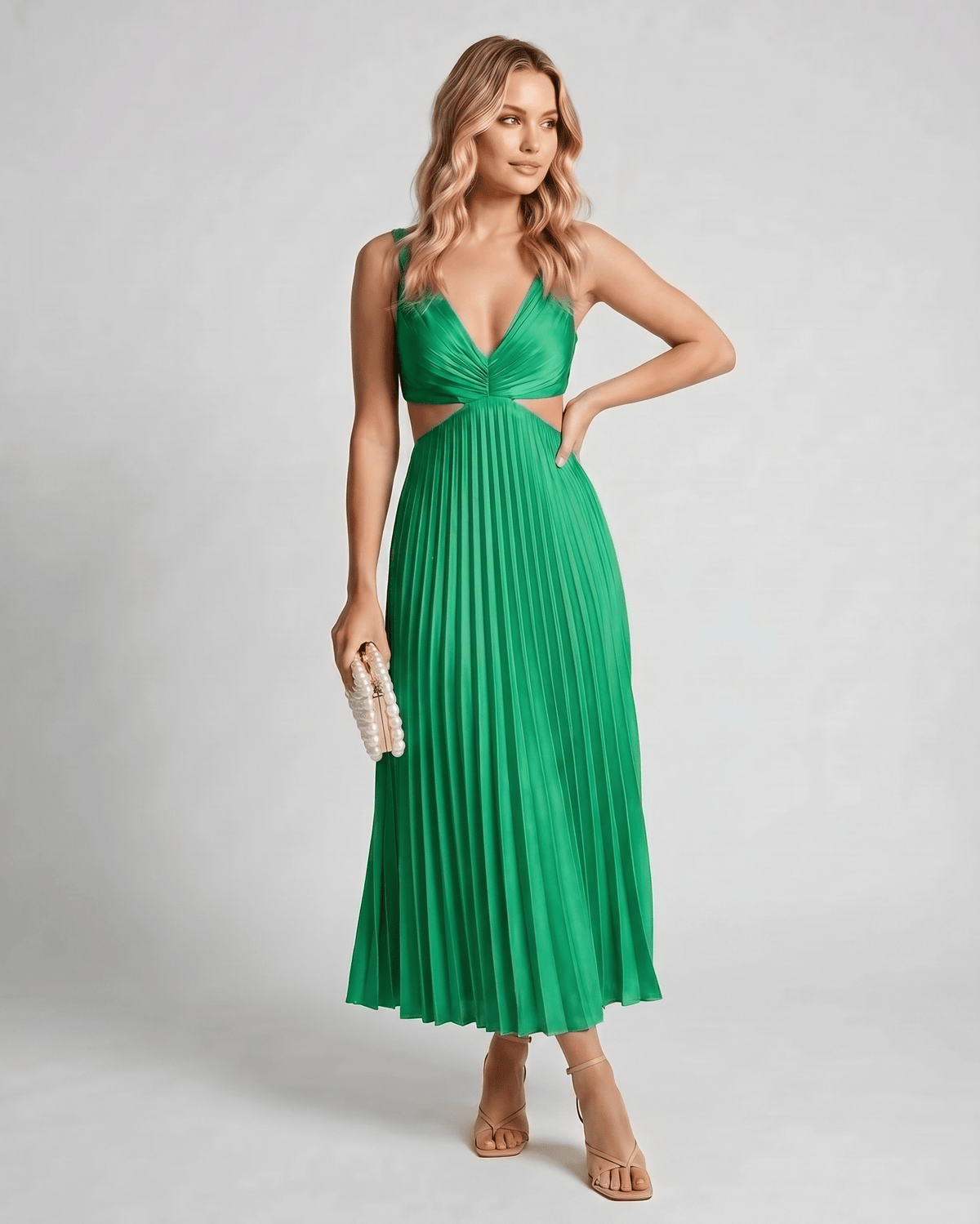 Lunara Midi Dress by Lauven — satin sleeveless V-neck flowing pleated midi dress