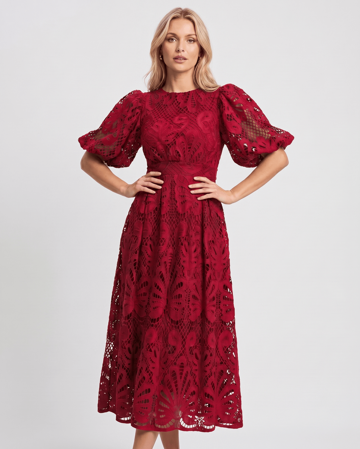 Valmere Midi Dress by Lauven — red lace bubble sleeve round neck A-line midi dress