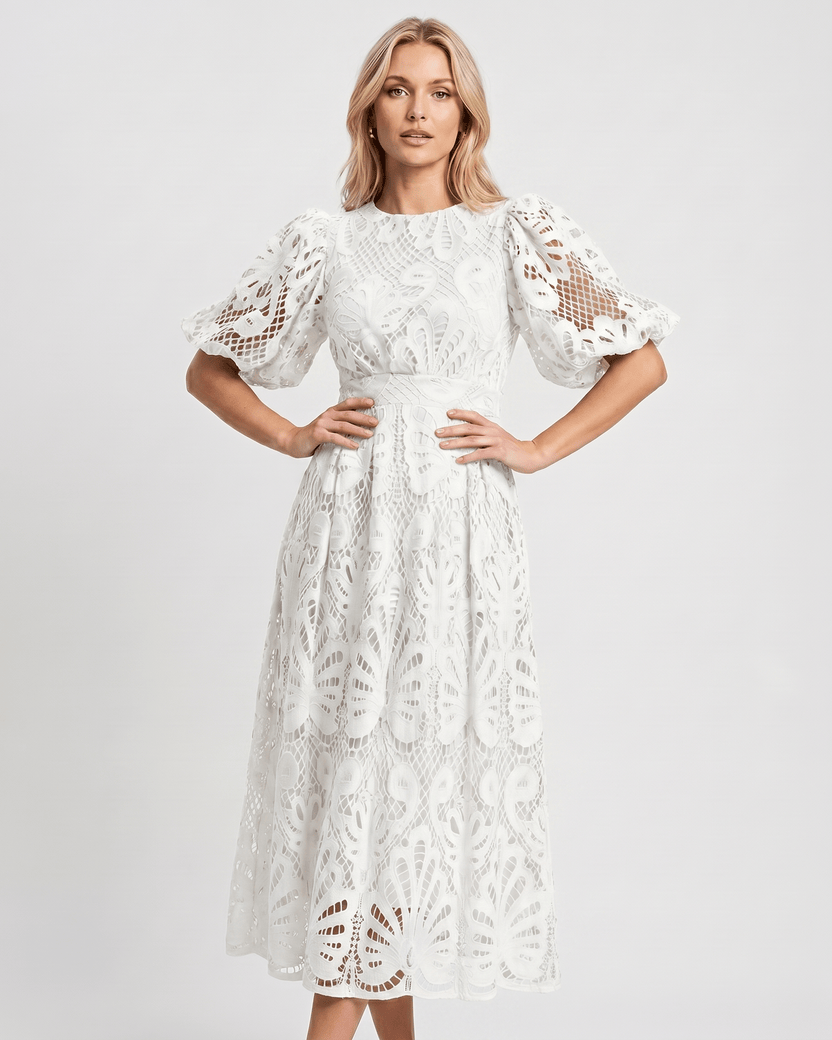 Valmere Midi Dress by Lauven — white lace bubble sleeve round neck A-line midi dress