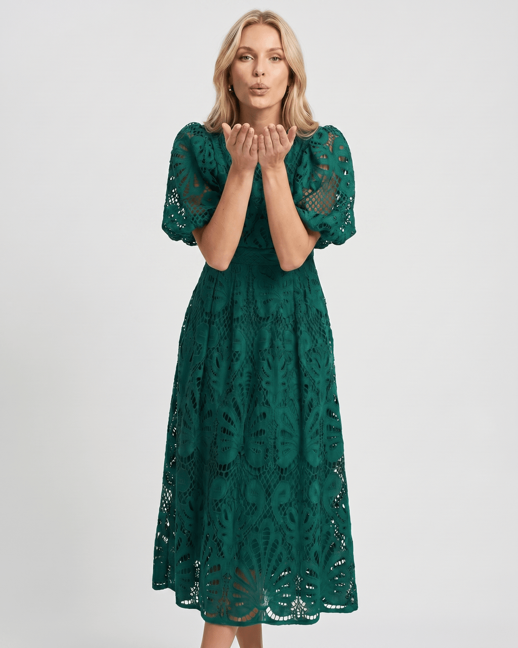 Valmere Midi Dress by Lauven — lace bubble sleeve round neck A-line midi dress