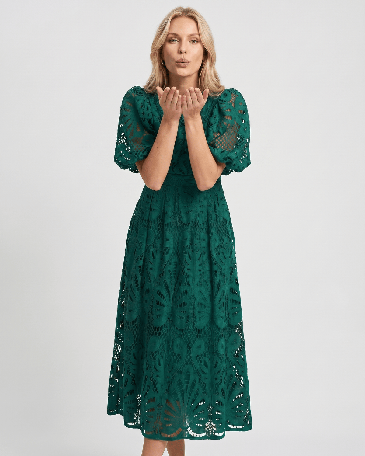 Valmere Midi Dress by Lauven — lace bubble sleeve round neck A-line midi dress