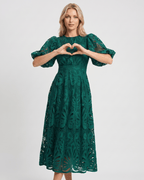 Valmere Midi Dress by Lauven — lace bubble sleeve round neck A-line midi dress