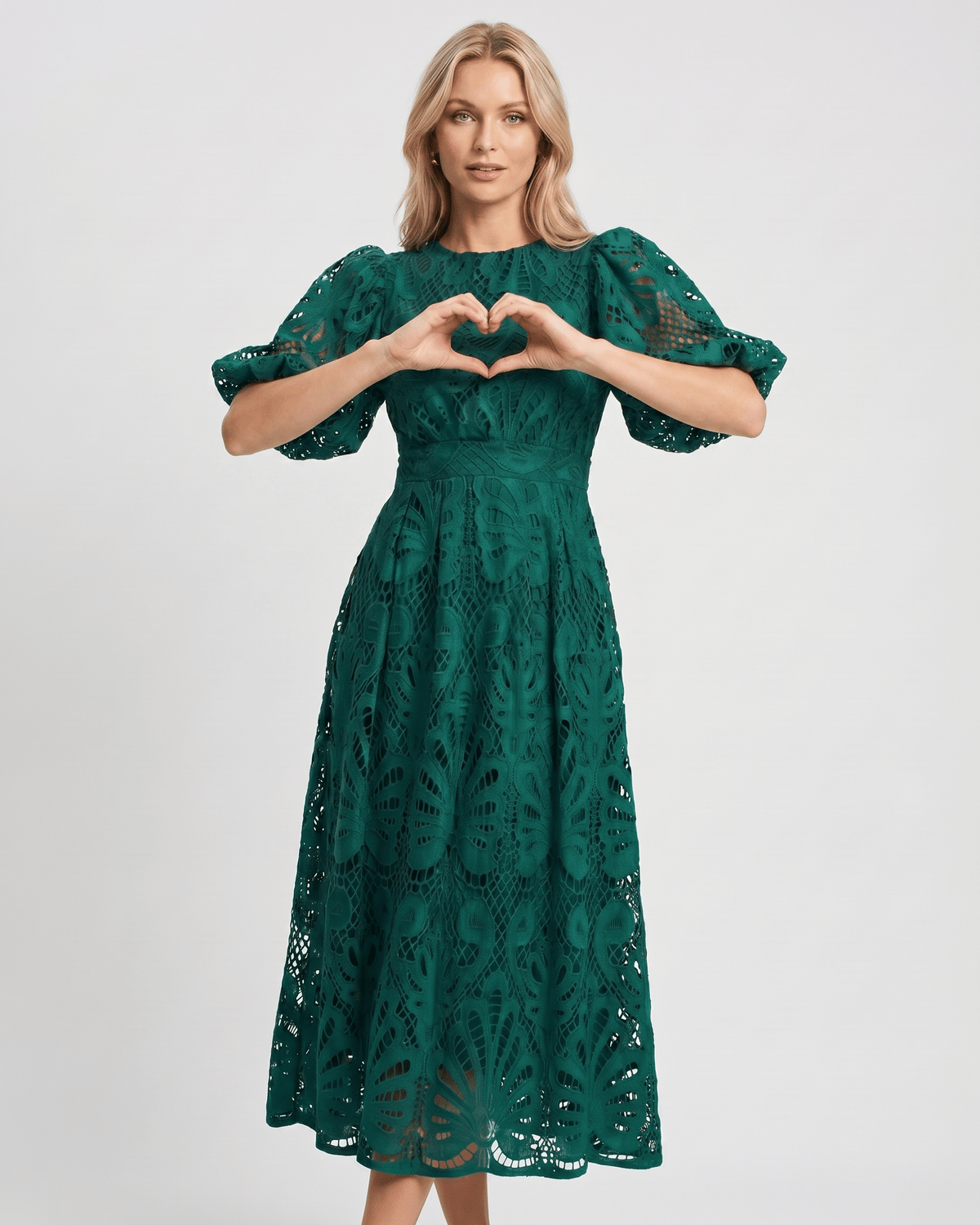 Valmere Midi Dress by Lauven — lace bubble sleeve round neck A-line midi dress