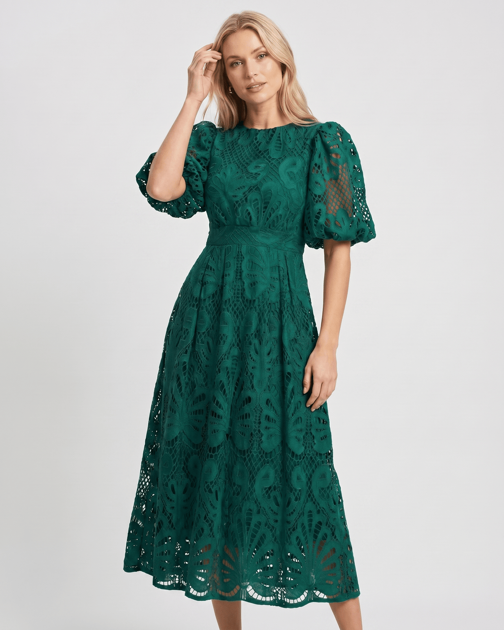 Valmere Midi Dress by Lauven — lace bubble sleeve round neck A-line midi dress