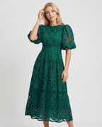 Valmere Midi Dress by Lauven — lace bubble sleeve round neck A-line midi dress