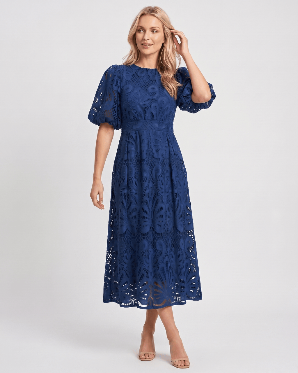 Valmere Midi Dress by Lauven — lace bubble sleeve round neck A-line midi dress