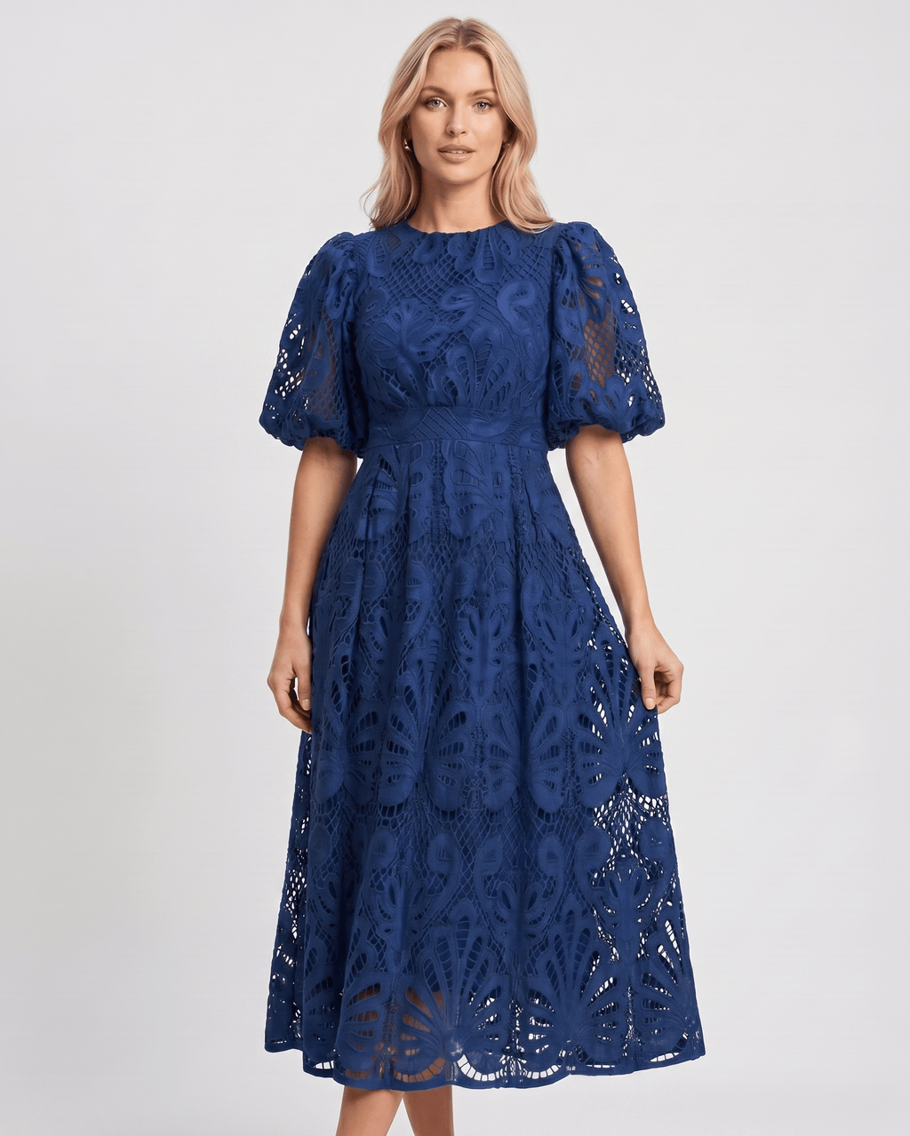 Valmere Midi Dress by Lauven — lace bubble sleeve round neck A-line midi dress