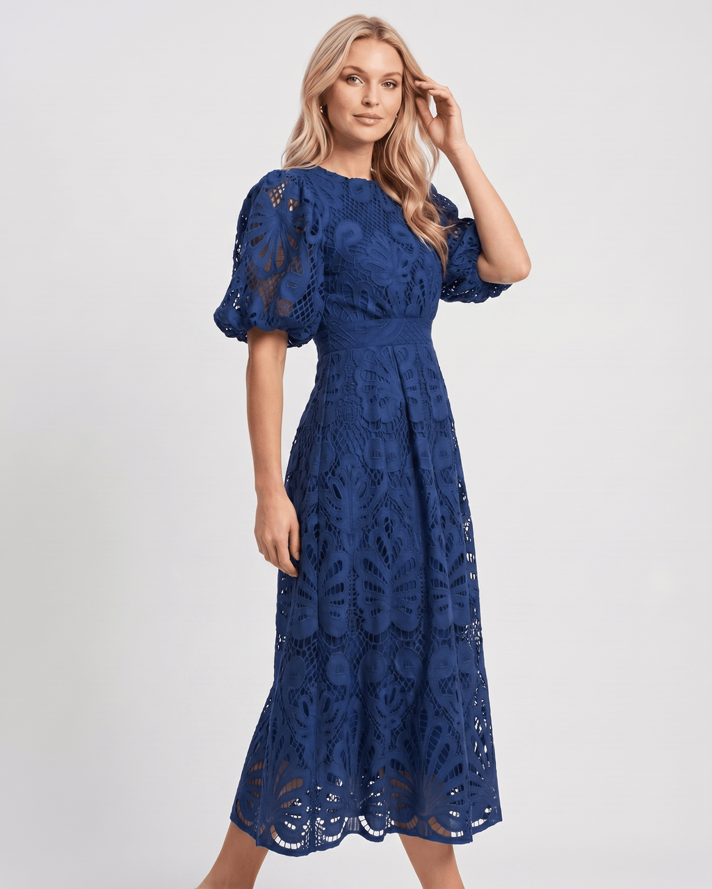 Valmere Midi Dress by Lauven — lace bubble sleeve round neck A-line midi dress