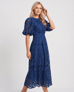 Valmere Midi Dress by Lauven — lace bubble sleeve round neck A-line midi dress