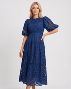 Valmere Midi Dress by Lauven — lace bubble sleeve round neck A-line midi dress