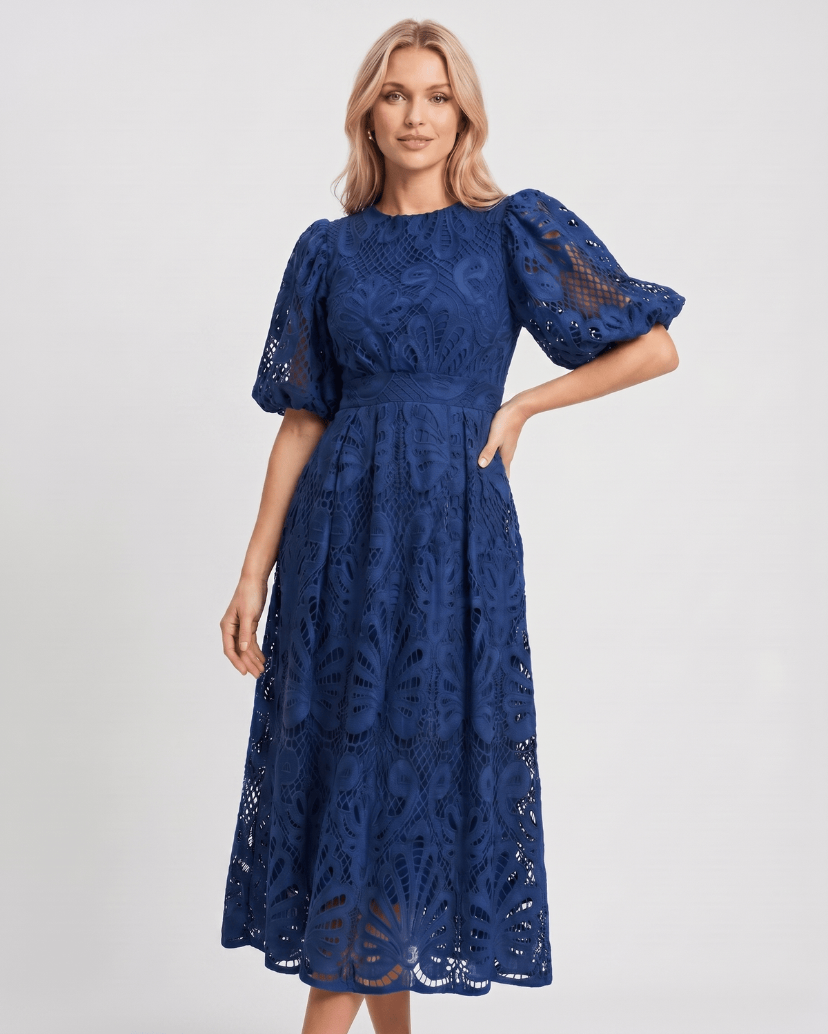 Valmere Midi Dress by Lauven — lace bubble sleeve round neck A-line midi dress
