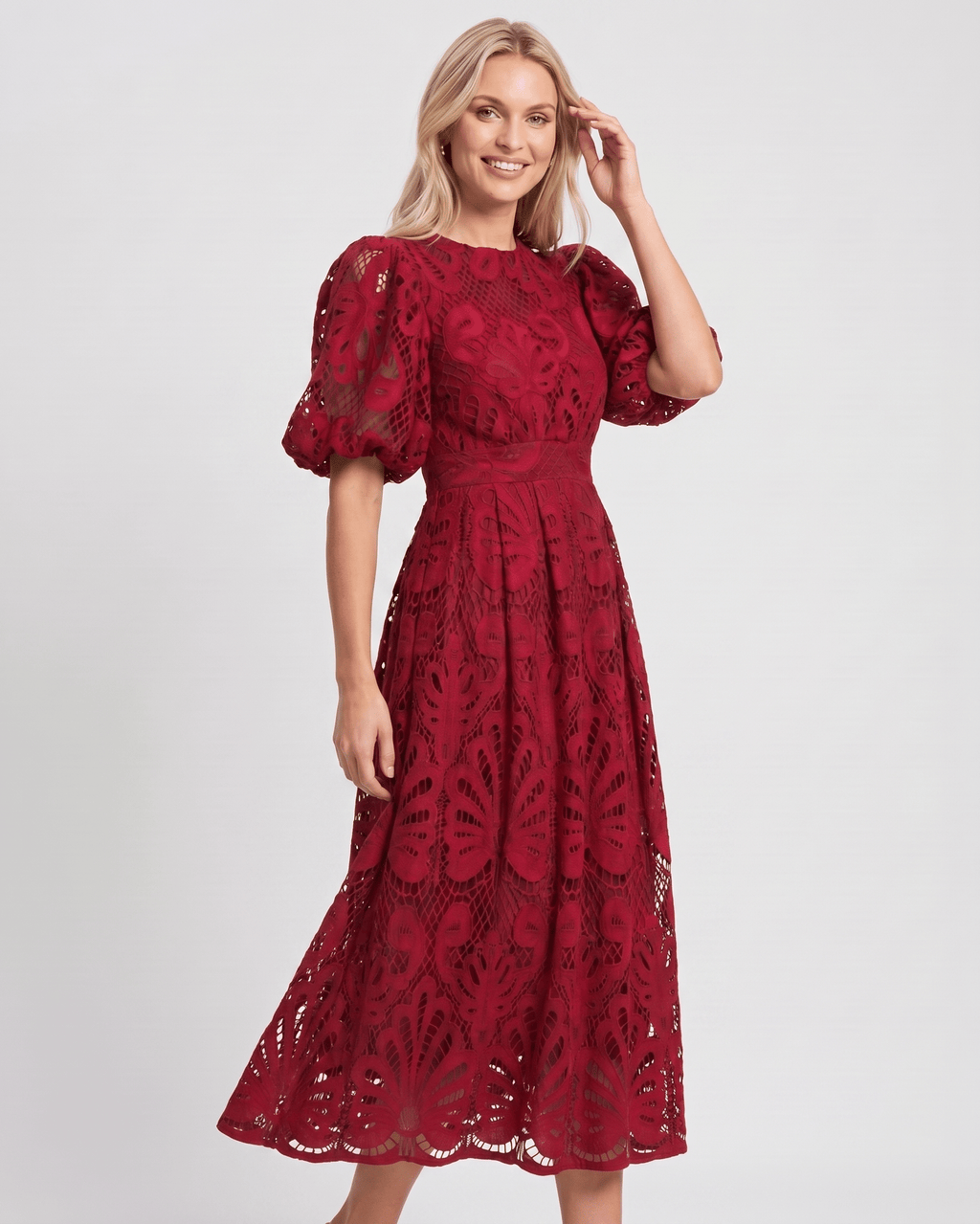 Valmere Midi Dress by Lauven — lace bubble sleeve round neck A-line midi dress