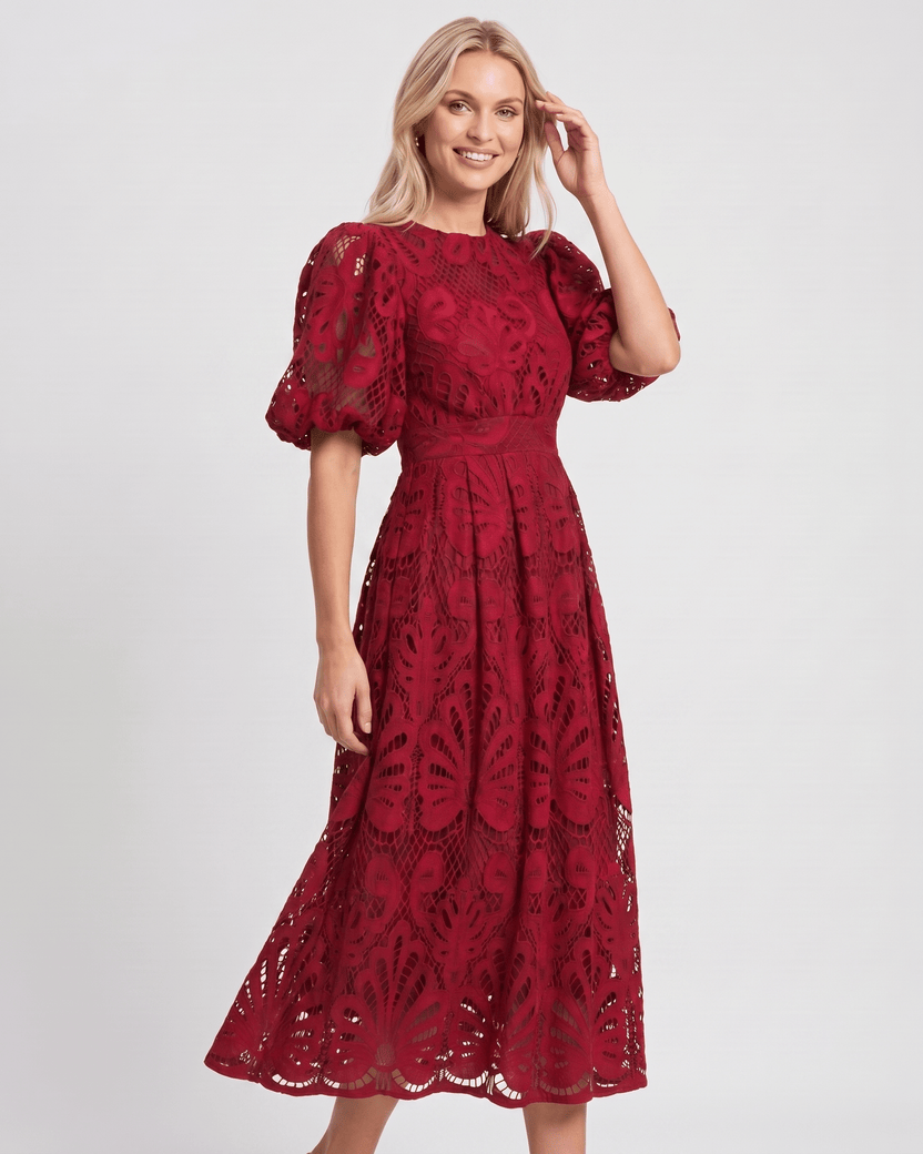 Valmere Midi Dress by Lauven — lace bubble sleeve round neck A-line midi dress