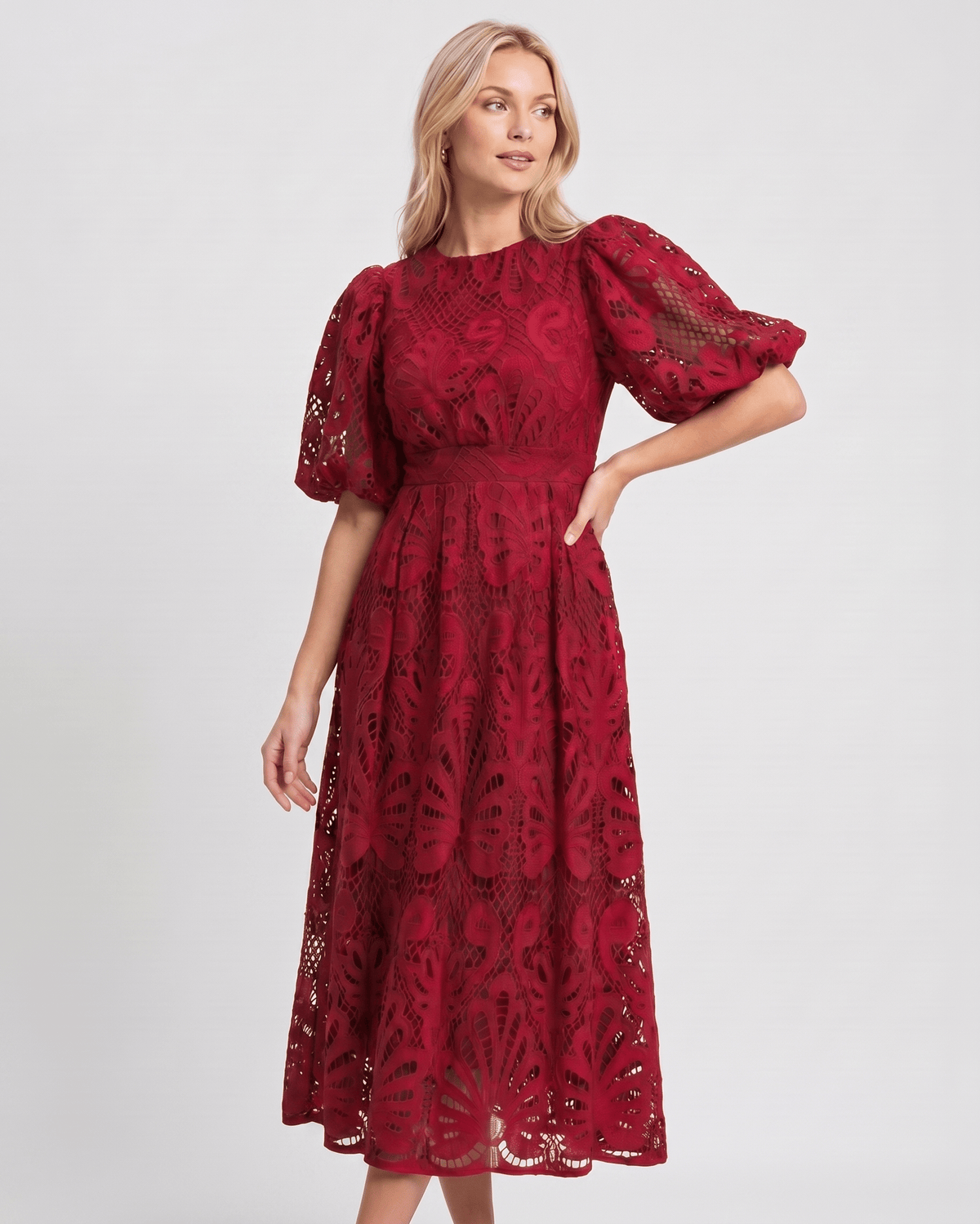 Valmere Midi Dress by Lauven — lace bubble sleeve round neck A-line midi dress