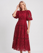 Valmere Midi Dress by Lauven — lace bubble sleeve round neck A-line midi dress