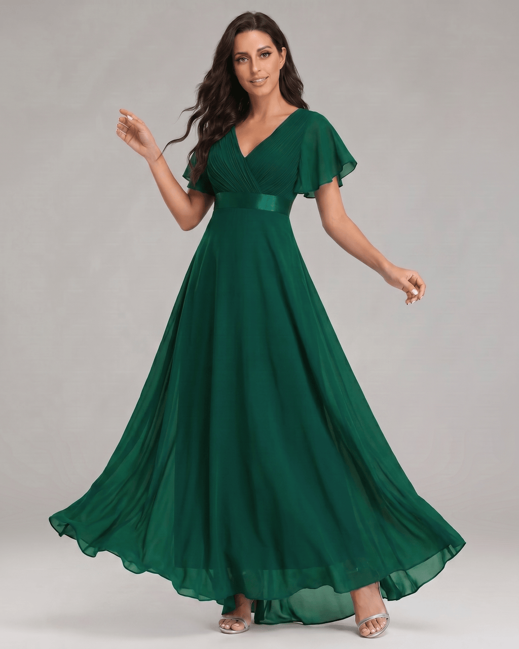 Veloura Maxi Dress by Lauven — chiffon flutter sleeve V-neck A-line maxi dress