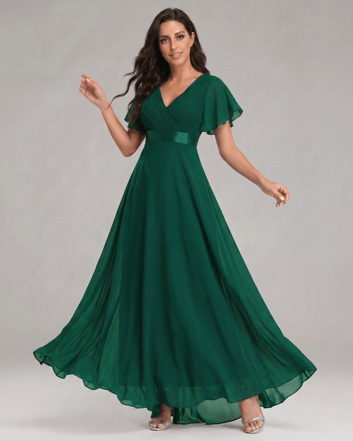 Veloura Maxi Dress by Lauven — chiffon flutter sleeve V-neck A-line maxi dress
