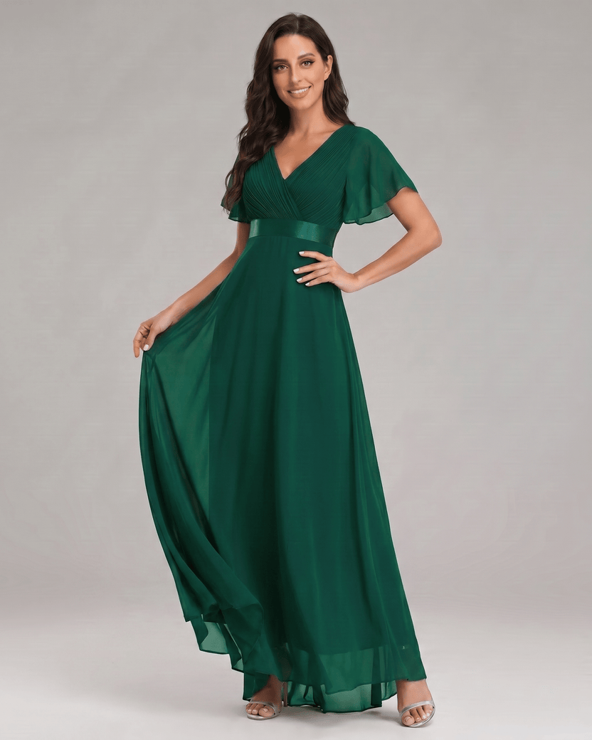 Veloura Maxi Dress by Lauven — chiffon flutter sleeve V-neck A-line maxi dress