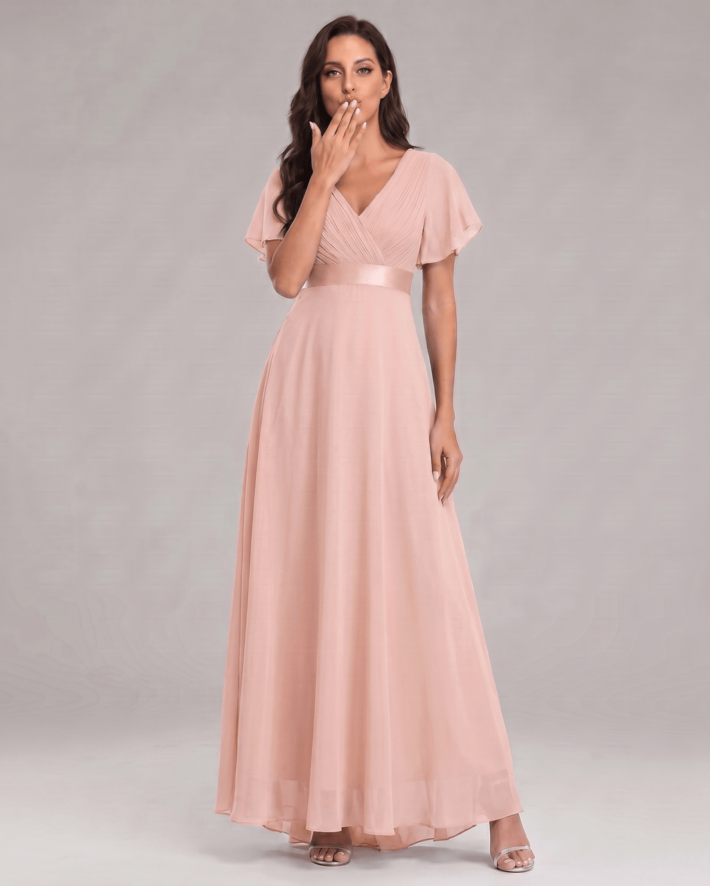 Veloura Maxi Dress by Lauven — chiffon flutter sleeve V-neck A-line maxi dress