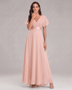 Veloura Maxi Dress by Lauven — chiffon flutter sleeve V-neck A-line maxi dress