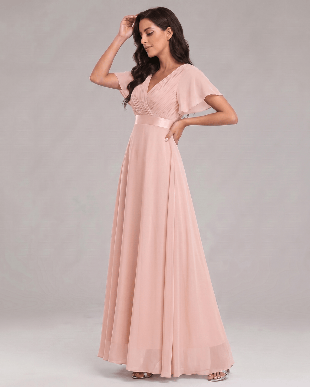 Veloura Maxi Dress by Lauven — chiffon flutter sleeve V-neck A-line maxi dress