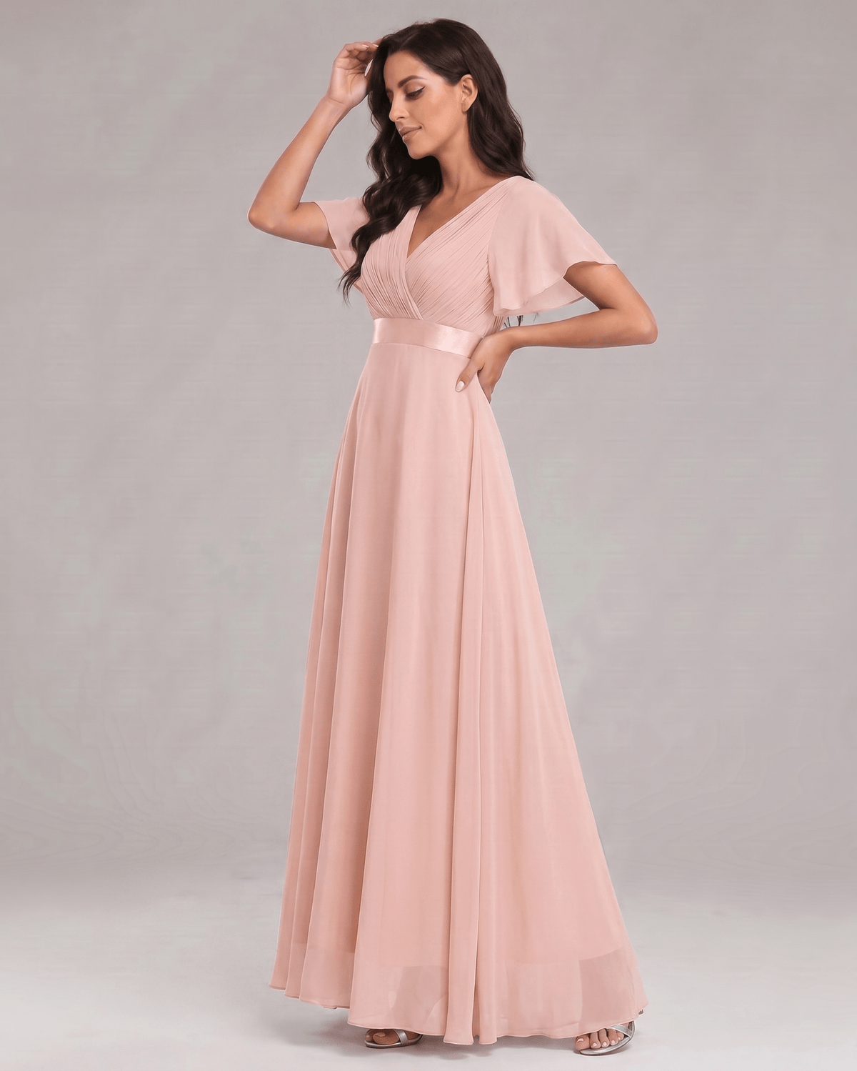Veloura Maxi Dress by Lauven — chiffon flutter sleeve V-neck A-line maxi dress