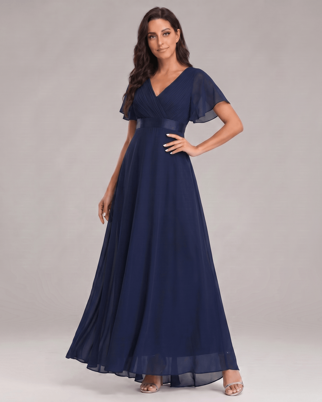 Veloura Maxi Dress by Lauven — chiffon flutter sleeve V-neck A-line maxi dress