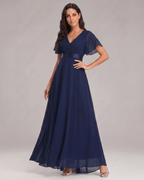 Veloura Maxi Dress by Lauven — chiffon flutter sleeve V-neck A-line maxi dress