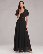 Veloura Maxi Dress by Lauven — chiffon flutter sleeve V-neck A-line maxi dress