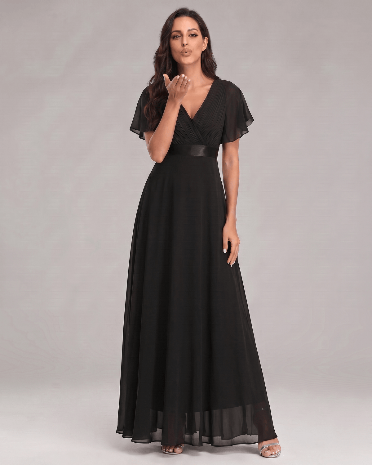 Veloura Maxi Dress by Lauven — chiffon flutter sleeve V-neck A-line maxi dress