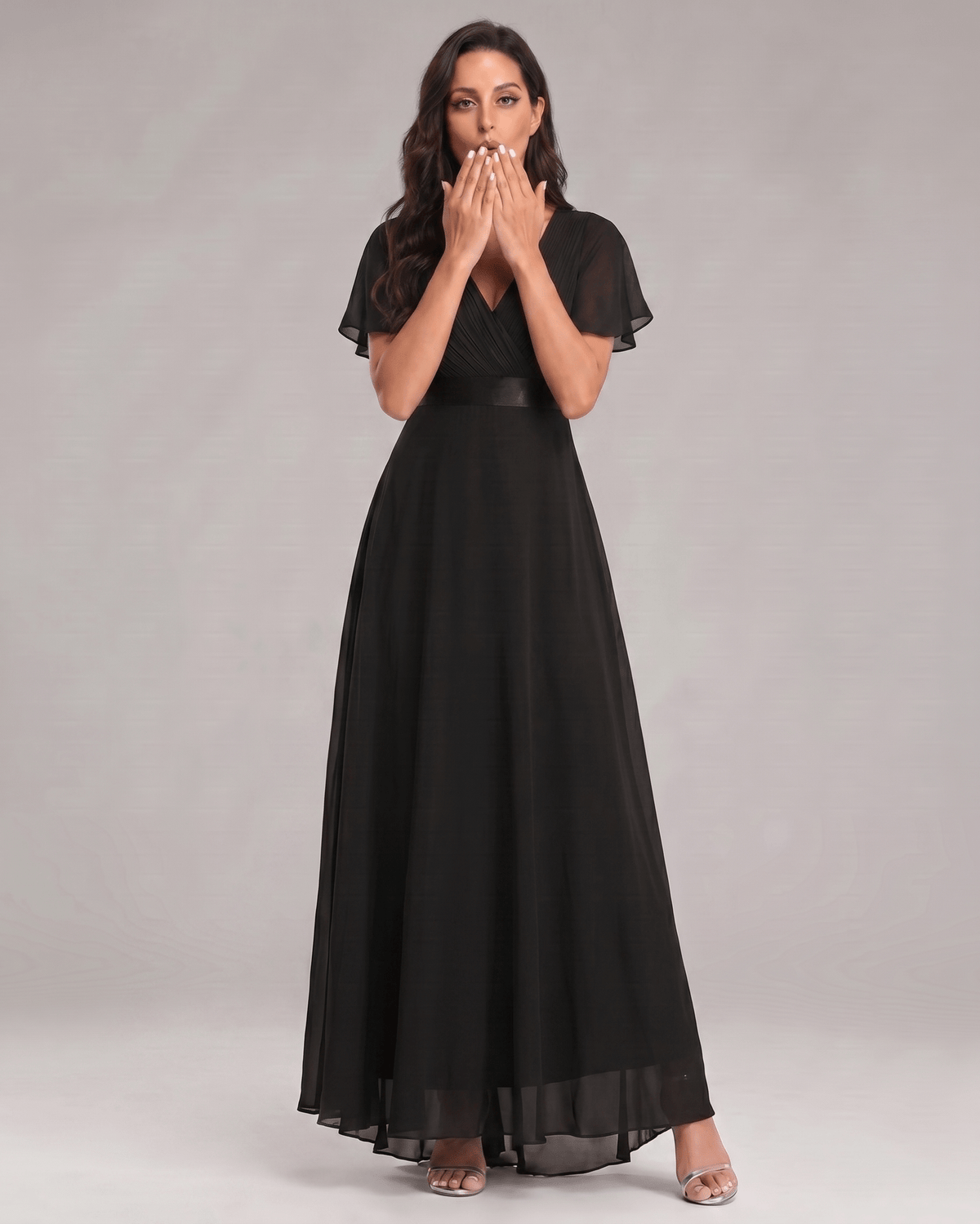 Veloura Maxi Dress by Lauven — chiffon flutter sleeve V-neck A-line maxi dress