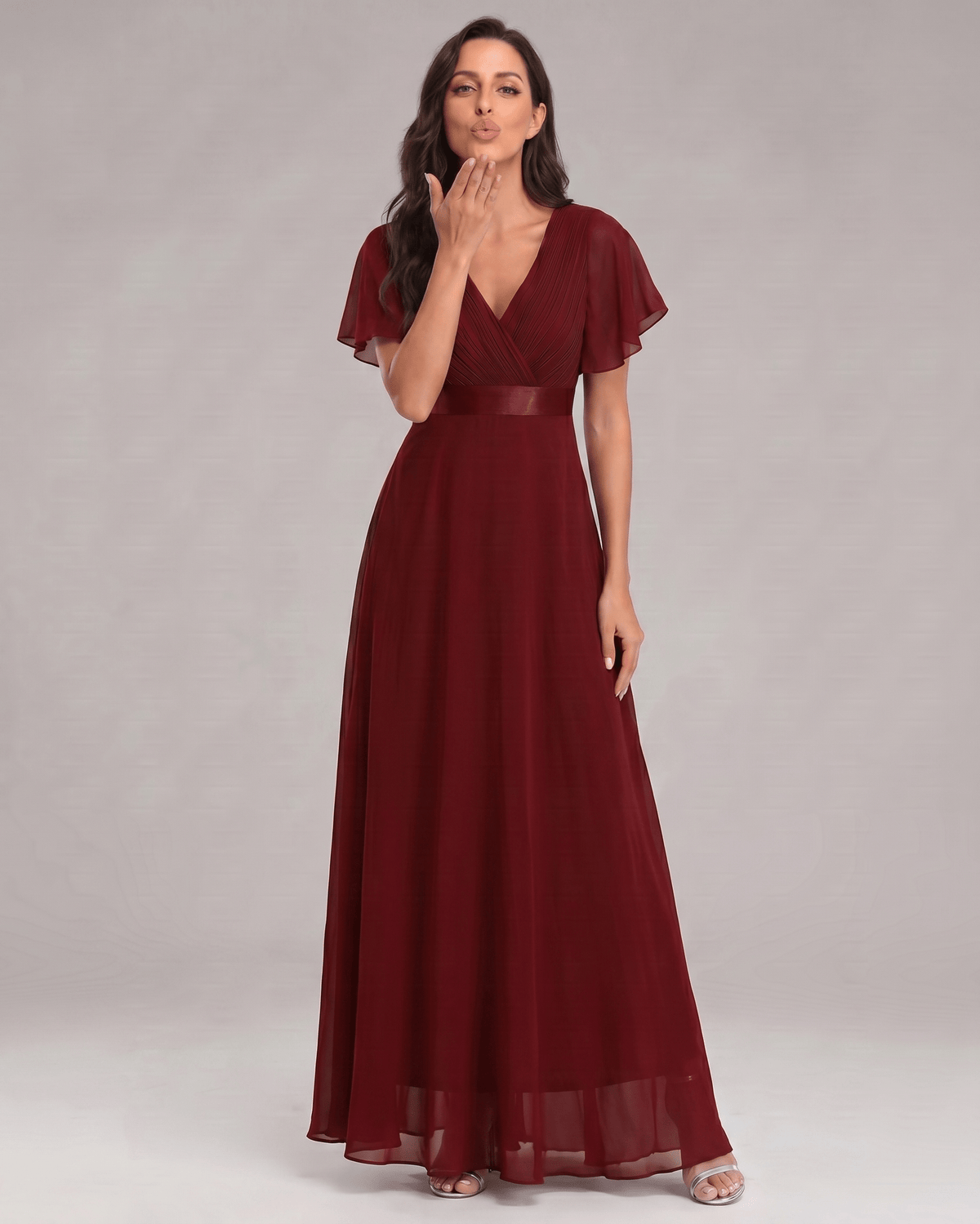 Veloura Maxi Dress by Lauven — chiffon flutter sleeve V-neck A-line maxi dress