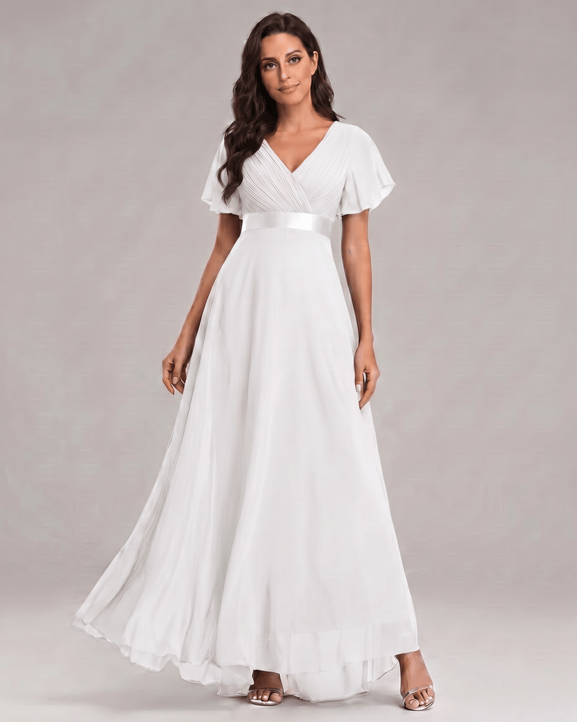 Veloura Maxi Dress by Lauven — white chiffon flutter sleeve V-neck A-line maxi dress