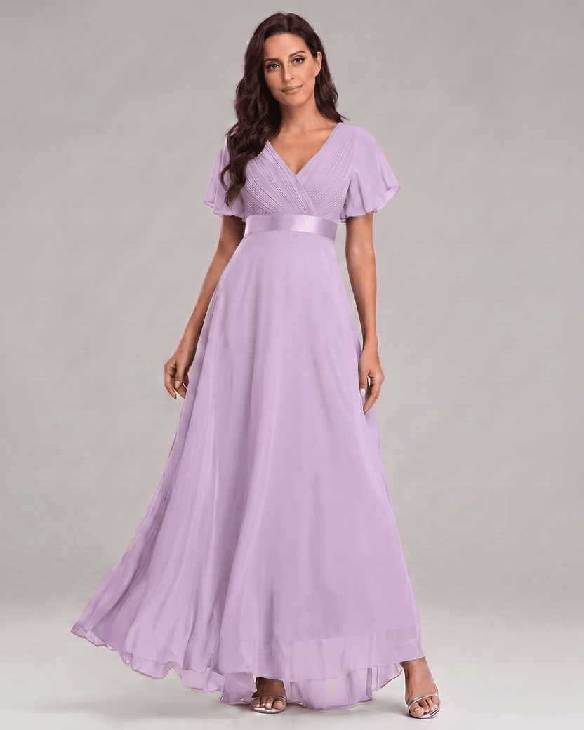 Veloura Maxi Dress by Lauven — lilac chiffon flutter sleeve V-neck A-line maxi dress