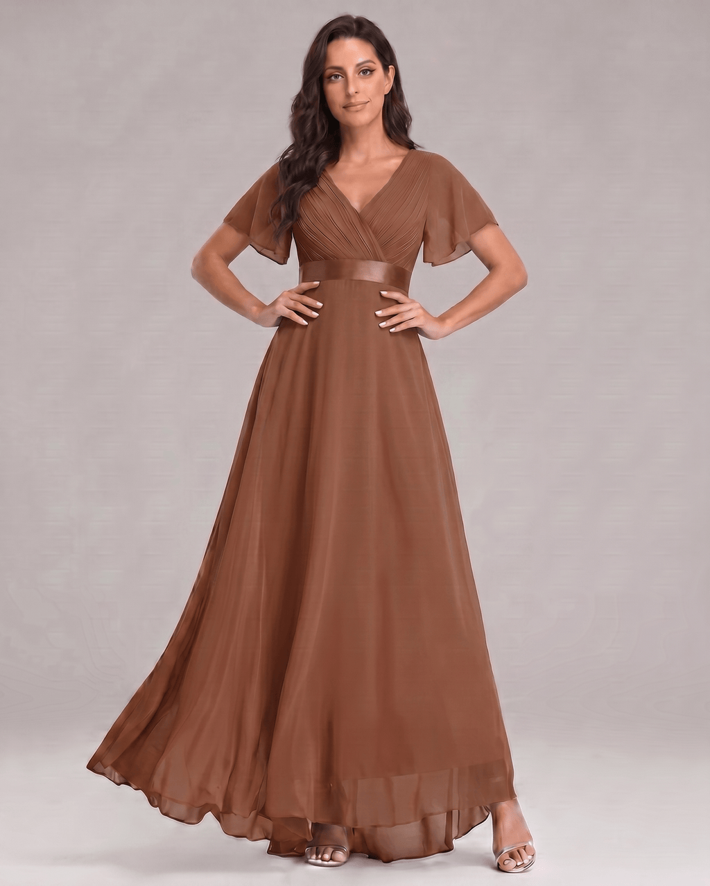 Veloura Maxi Dress by Lauven — chiffon flutter sleeve V-neck A-line maxi dress