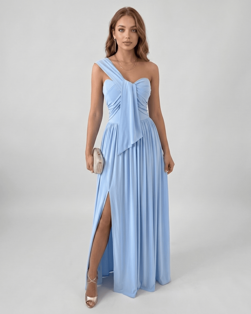 Serelune Maxi Dress by Lauven — blue stretch satin sleeveless one-shoulder A-line maxi dress