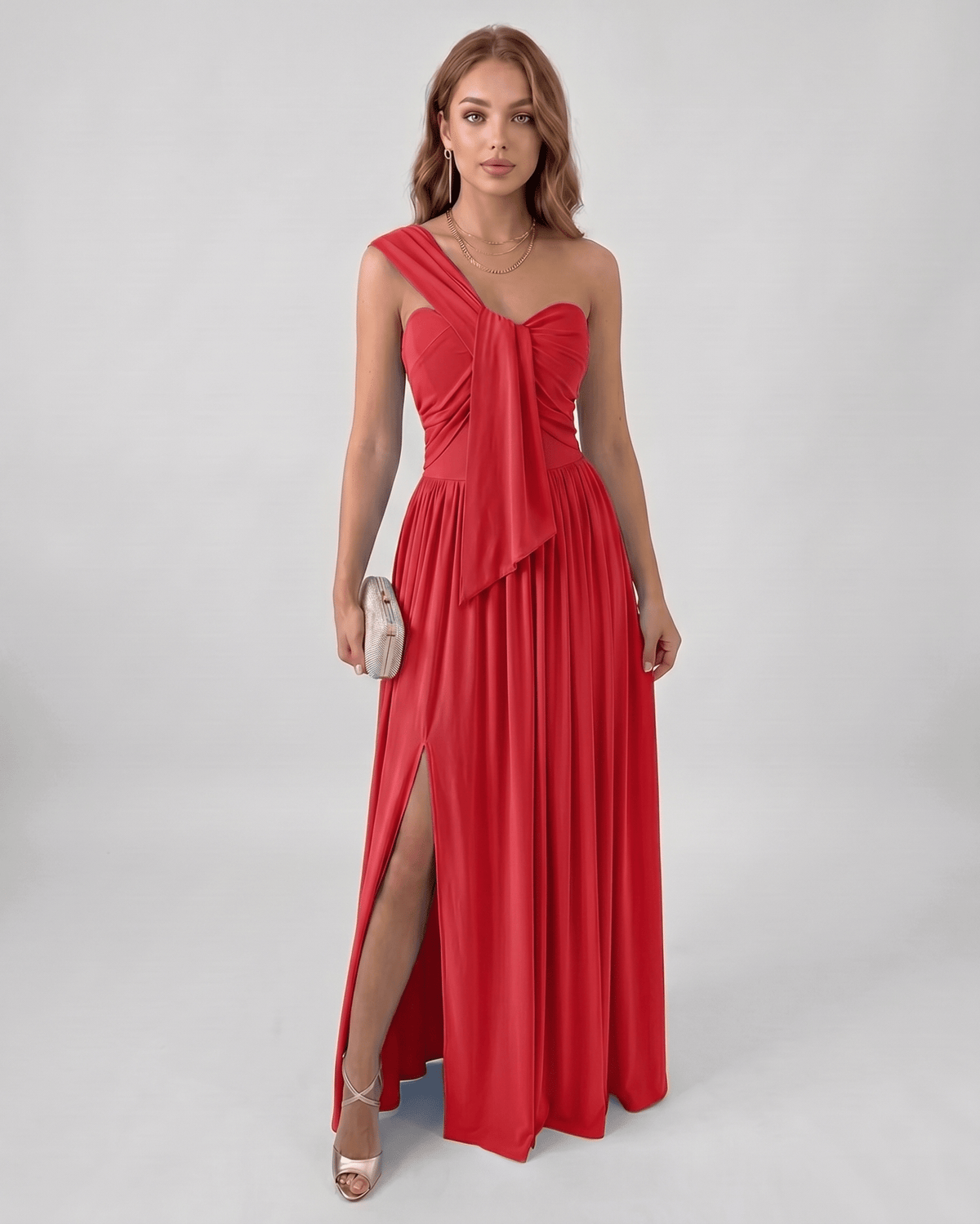 Serelune Maxi Dress by Lauven — red stretch satin sleeveless one-shoulder A-line maxi dress