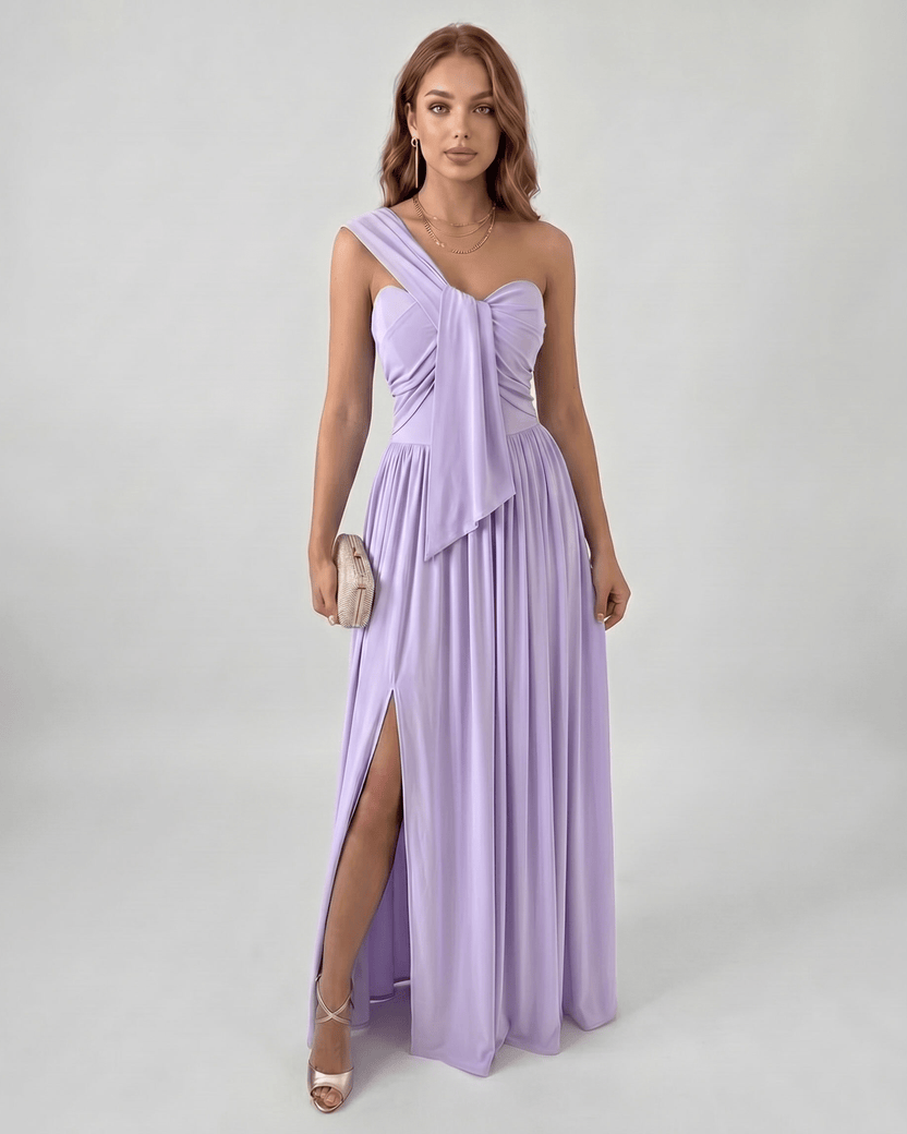 Serelune Maxi Dress by Lauven — lilac stretch satin sleeveless one-shoulder A-line maxi dress